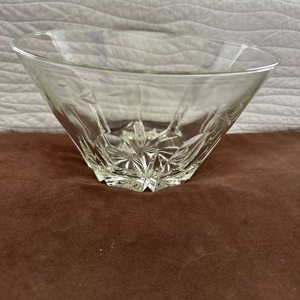 Mid Century Modern JAVIT Etched Floral Crystal 10" Elegant Vintage Bowl.